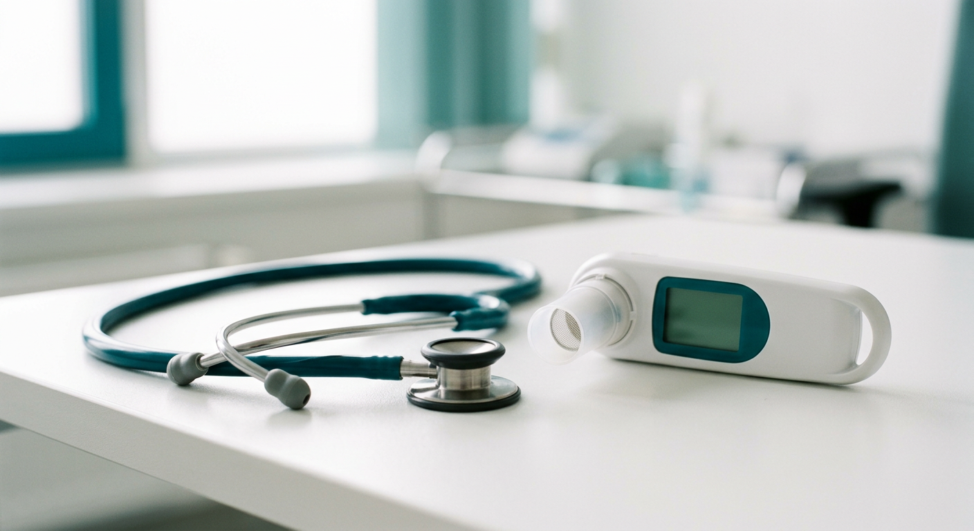Stethoscope and spirometer resting on a clean clinical desk